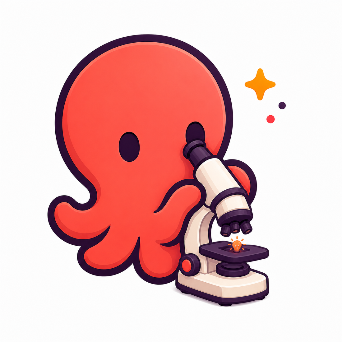 A coral-red octopus examining a glowing idea through a microscope